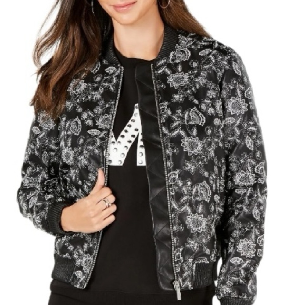 Michael Kors size large black & silver metallic embroidered Bomber jacket NWT